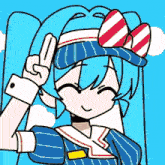 a cartoon girl with blue hair and a red white and blue hat is giving the peace sign