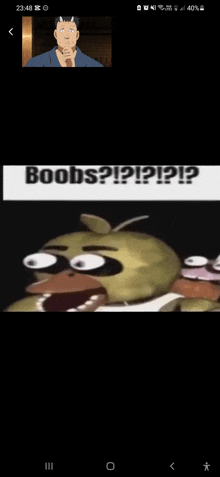 a screenshot of a phone screen with a cartoon character and the words boobs ? ! ? ! ? ! ?