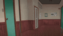 a boy in a white shirt is walking down a hallway with a sign on the wall that says " everyone up for a swim "