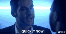 Quickly Now Lucifer Morningstar GIF - Quickly Now Lucifer Morningstar Tom Ellis GIFs