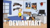 a cartoon of a boy sitting on a bed with deviantart written in white