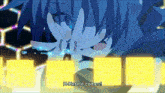 a blue haired anime character with the words h-here it comes