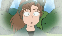 a cartoon character with brown hair and a green hat