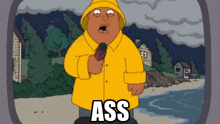 a cartoon character in a yellow raincoat is holding a microphone and the word ass is on the screen
