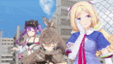 three anime girls are standing next to each other with one wearing a black cat hat