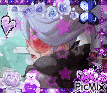 a picture of a girl with purple flowers and butterflies with the words picmix below it