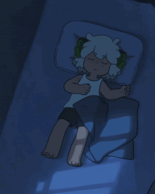a cartoon character is sleeping in a bed with a blue blanket