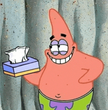 patrick star is holding a box of tissues and smiling .