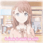 a girl with a flower in her hair is smiling with the words sonrie si eres di kiyu written below her