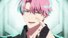 a boy with pink hair and blue eyes is holding a bandage to his face .