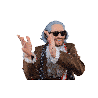 a man wearing a wig and sunglasses is wearing an american flag scarf