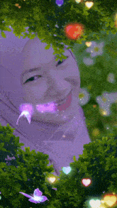 a woman in a purple hijab is surrounded by trees and flowers