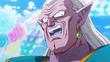 a cartoon character with a green earring and a purple hair
