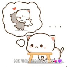 a cartoon cat is sitting on a stool and thinking about a hug .