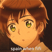 a close up of a boy 's face with the words spain when fifi below it