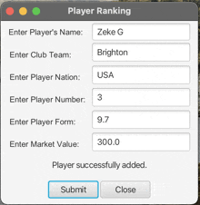 a screenshot of a player ranking window with a blue submit button
