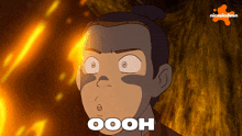 a cartoon of a man with the word oooh in white letters
