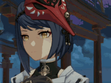 a close up of a cartoon character wearing a red hat