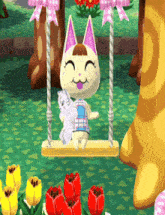 a cartoon cat sitting on a swing with a stuffed animal