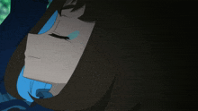 a close up of a girl 's face with dark hair and blue eyes
