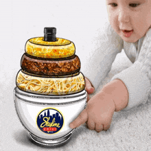 a baby is playing with a bowl of food that says skyline chili on it