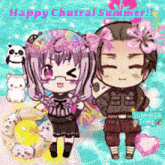 a boy and a girl are standing next to each other with the words happy chutral summer