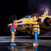 two cartoon boys are standing in front of a yellow airplane with the number 100 on the front of it