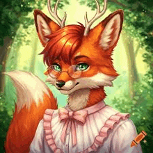 a furry fox with antlers and glasses is wearing a pink dress and bow tie .