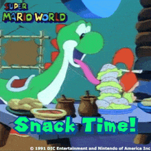a poster for super mario world snack time shows yoshi eating sandwiches