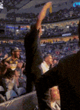 a man stands in the stands of a stadium with his arm in the air and a sign that says ' lsu '