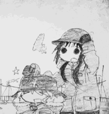 a black and white drawing of a person with a cross on their hat