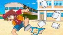 a cartoon of a boy and a cat playing with trash cans in front of a building .