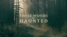 a picture of a dark forest with the words `` these woods are haunted '' written on the bottom .
