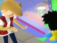 two cartoon characters are standing next to each other in front of a colorful background .