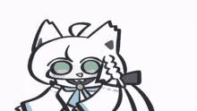 a cartoon drawing of a cat with green eyes and a bow tie .