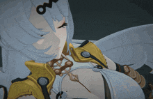a close up of a cartoon character with a letter o on her head