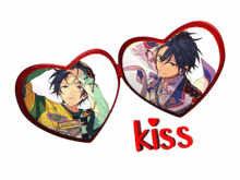 two hearts with a picture of a man and the word kiss on the bottom
