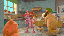 a group of cartoon dogs in a kitchen with one wearing glasses