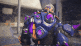 a video game character with purple spikes on his armor