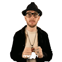 a man wearing glasses and a hat has the word mcdh on the bottom