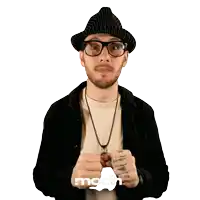 a man wearing glasses and a hat has the word mcdh on the bottom