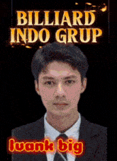 a man in a suit and tie stands in front of a billiard indo grup sign