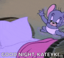 a cartoon mouse is sitting on top of a bed with a purple pillow .