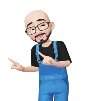 a cartoon character wearing blue overalls and glasses