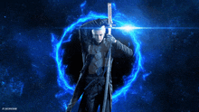 a man holding a sword in front of a blue circle that says ' devil may cry 5 ' on it