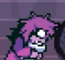 a pixel art of a girl with pink hair holding a sword .