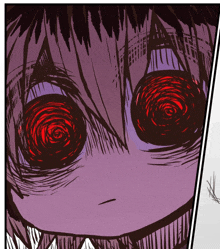 a drawing of a person with red eyes and a purple background