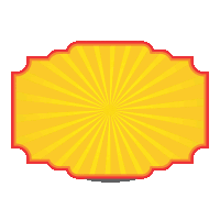 a yellow sign with a red border and yellow rays