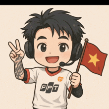 a cartoon boy wearing headphones and a fpt shirt holds a flag