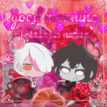 a picture of two cartoon characters with the words good morning written on it